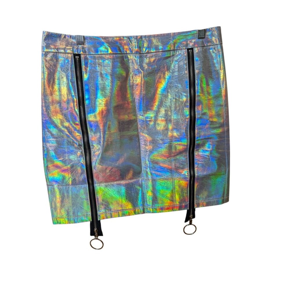 Holographic Metallic Skirt With Double Zipper & O-Ring Accents Women's Size M